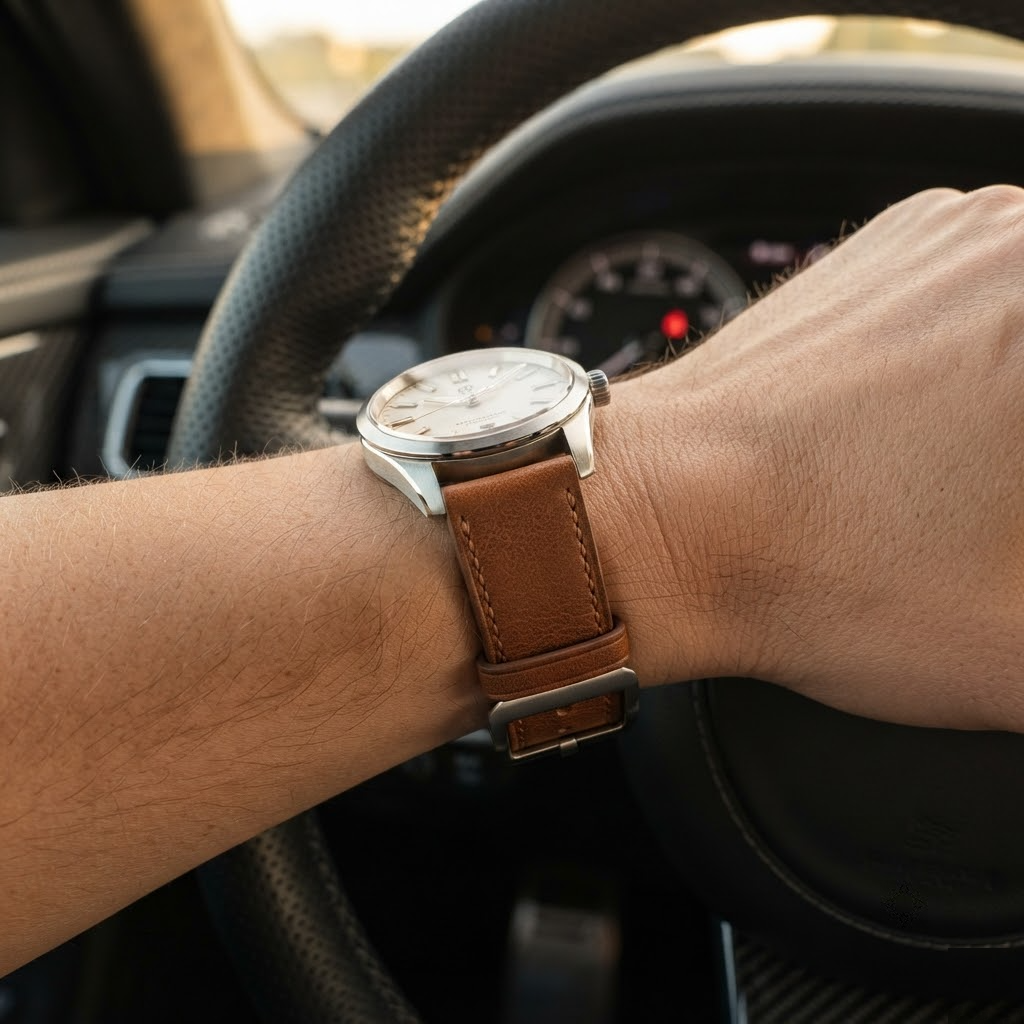 Dây Da Barenia Nâu Hạt Dẻ Khâu Chỉ Trắng — Luxury Car Steering
