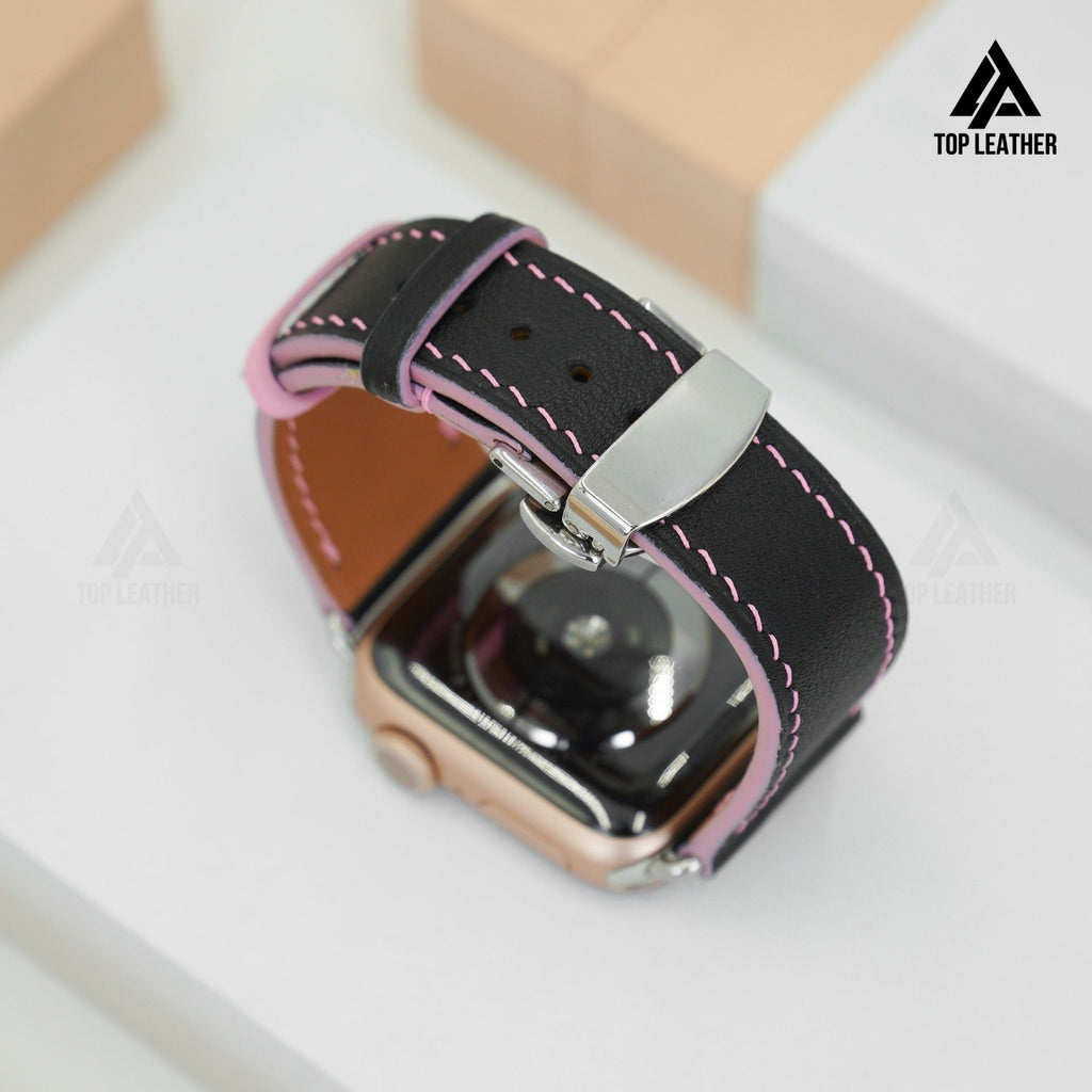 Dây đeo đồng hồ Swift bằng da dành cho Apple Watch, đồng hồ cơ - Màu đen phối da, chỉ hồng SW07.22 