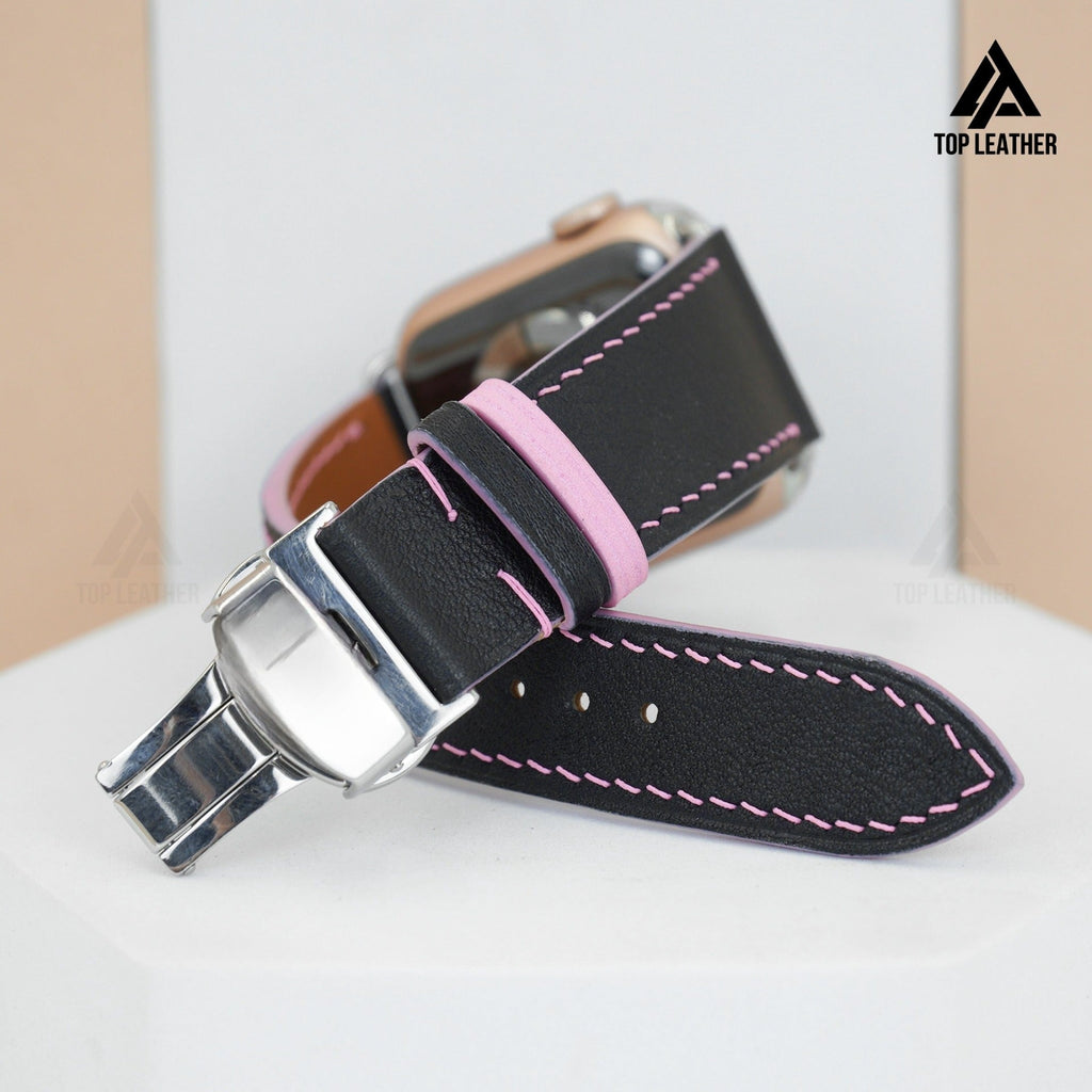 Dây đeo đồng hồ Swift bằng da dành cho Apple Watch, đồng hồ cơ - Màu đen phối da, chỉ hồng SW07.22 