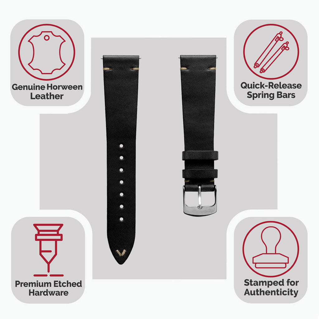 Dây đeo đồng hồ bằng da thật Horween Chromexcel® khâu chữ V - Màu đen Chromexcel