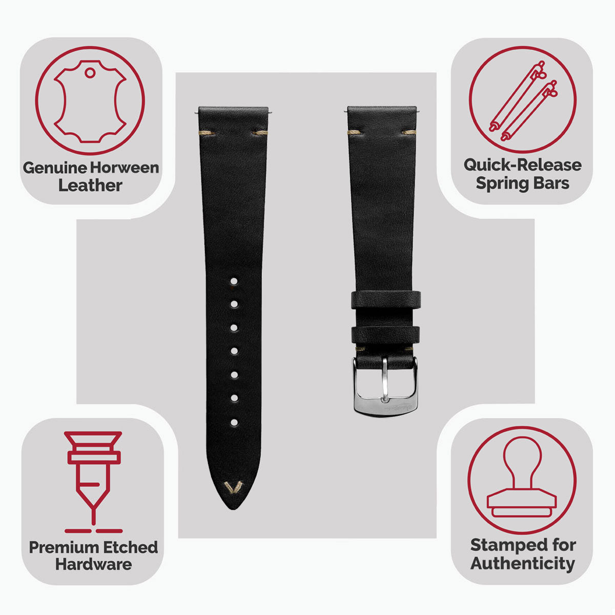 Dây đeo đồng hồ bằng da thật Horween Chromexcel® khâu chữ V - Màu đen Chromexcel