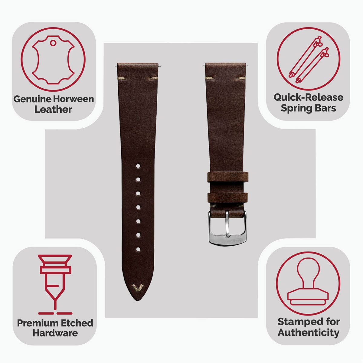 Dây đeo đồng hồ bằng da thật Horween Chromexcel® khâu chữ V - Màu nâu đậm Chromexcel