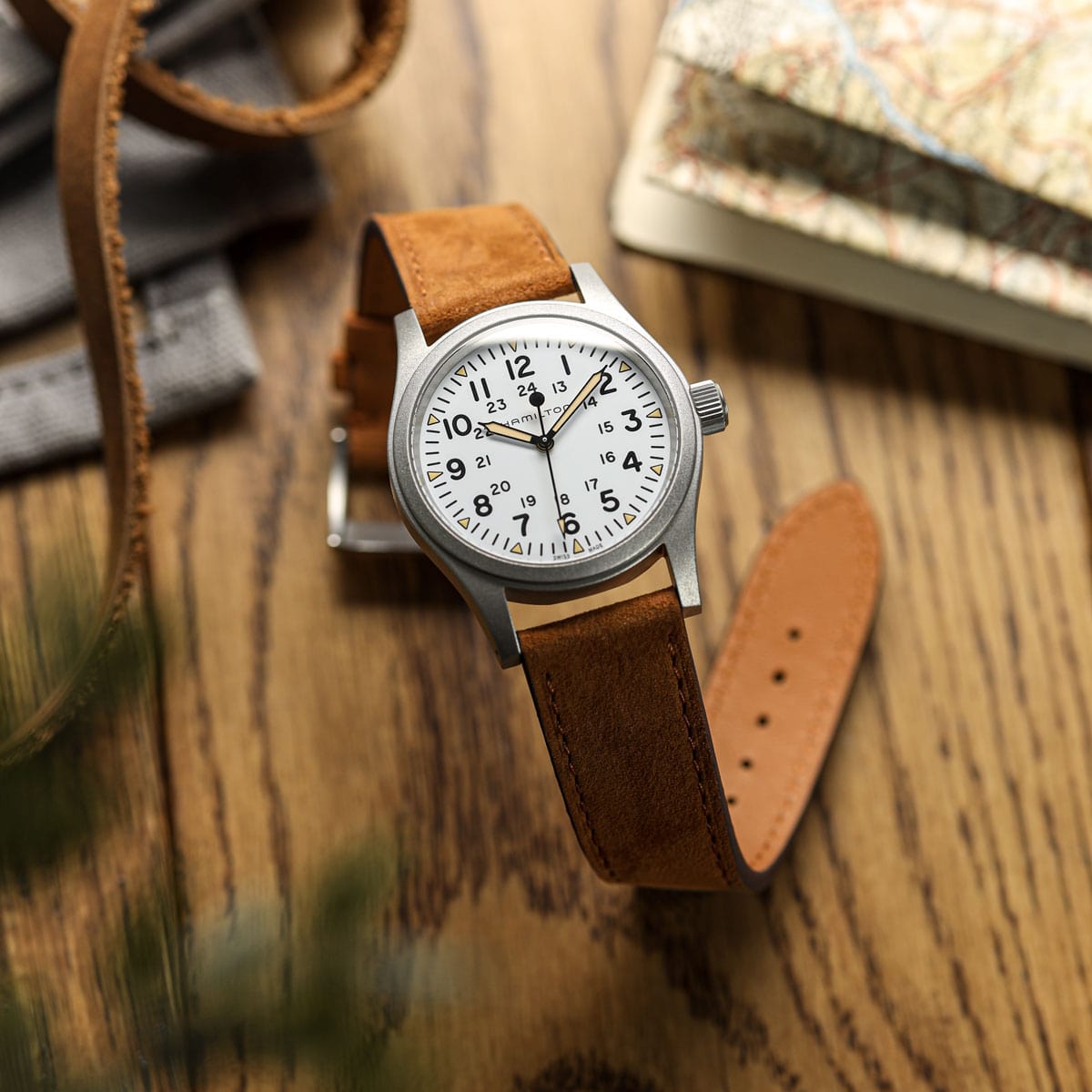 Dây đeo đồng hồ Mozet bằng da nubuck phẳng, làm thủ công - Màu Cognac