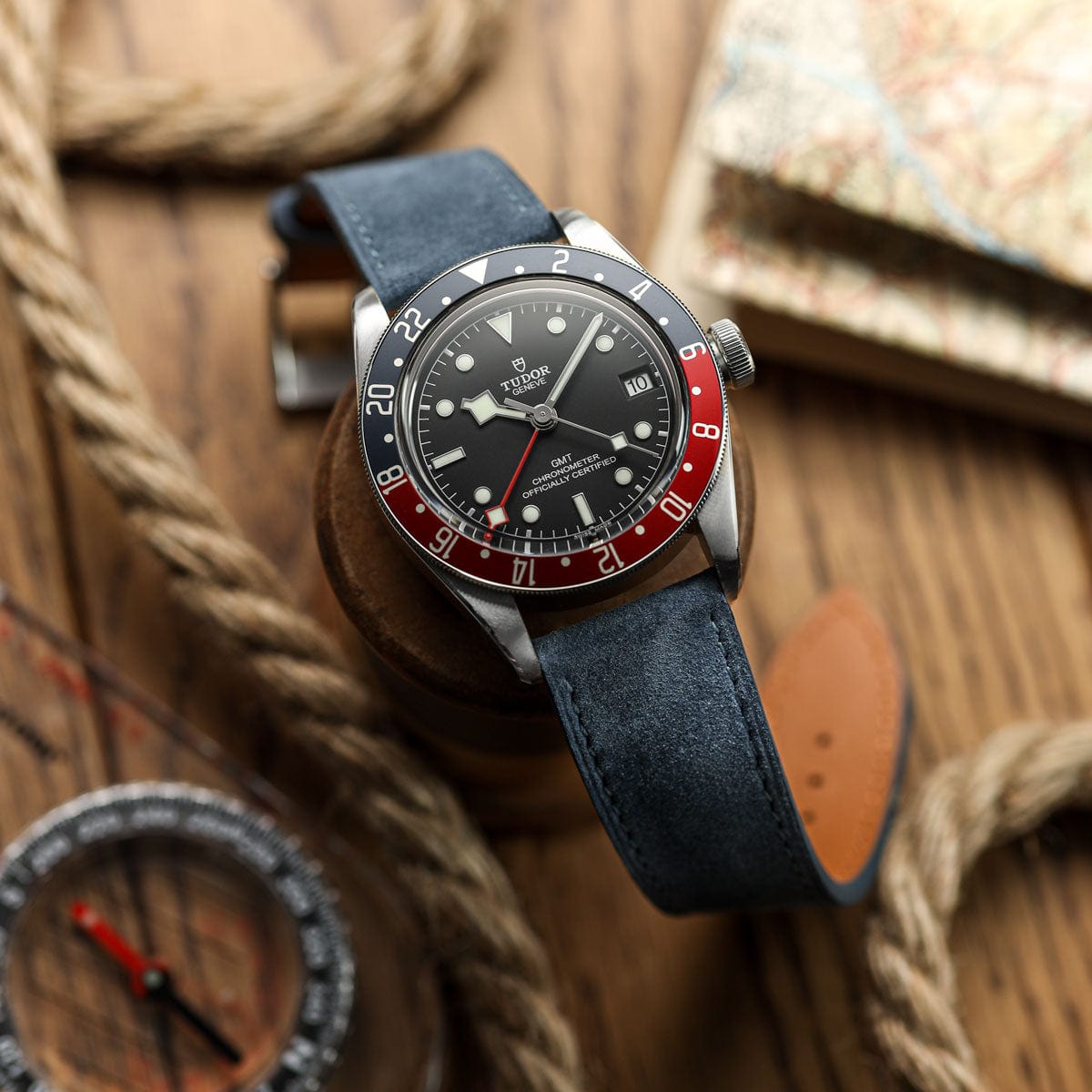 Vòng tay Montre en Cuir Nubuck Plat Mozet Fait Main - Bleu Jean