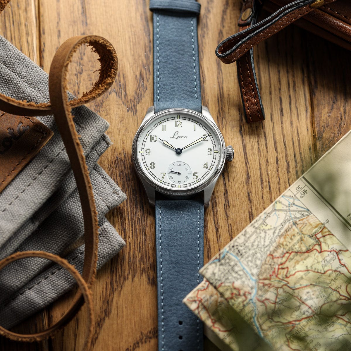 Vòng tay Montre en Cuir Nubuck Plat Mozet Fait Main - Bleu Jean