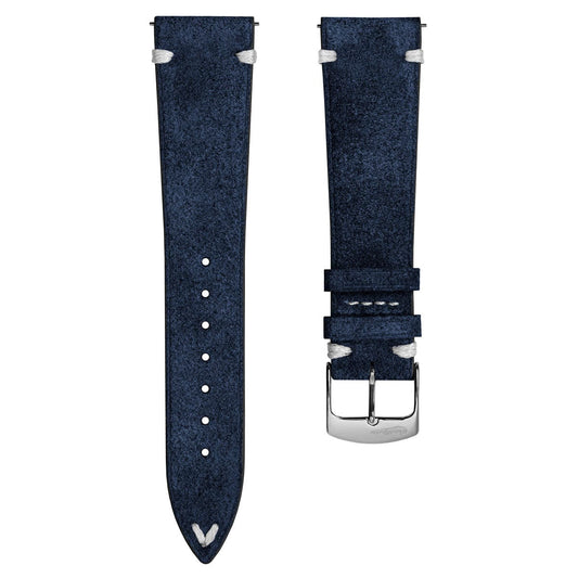 Dây đeo đồng hồ Overton Conceria Opera bằng da lộn, đường khâu chữ V - Màu xanh nửa đêm